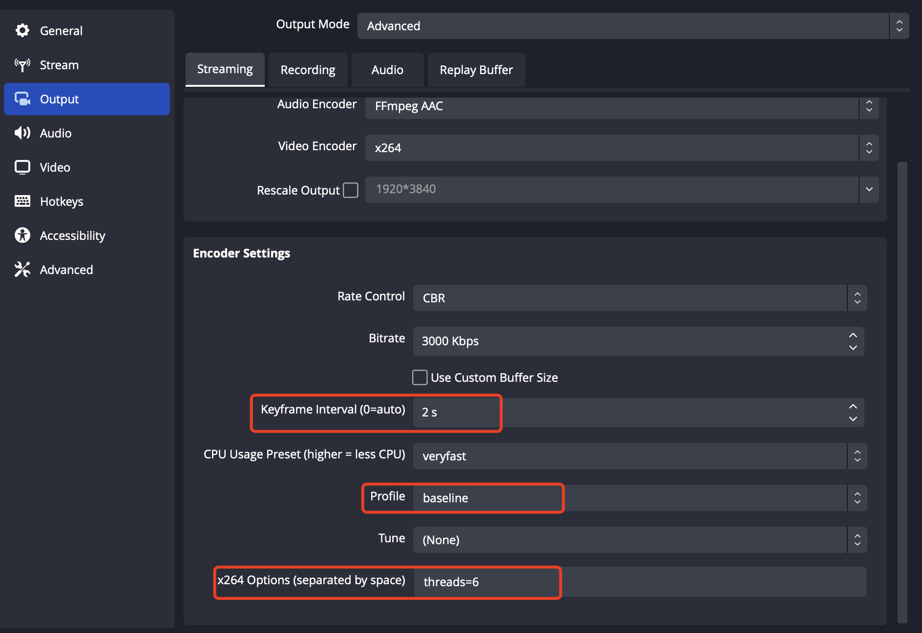 Encoder settings